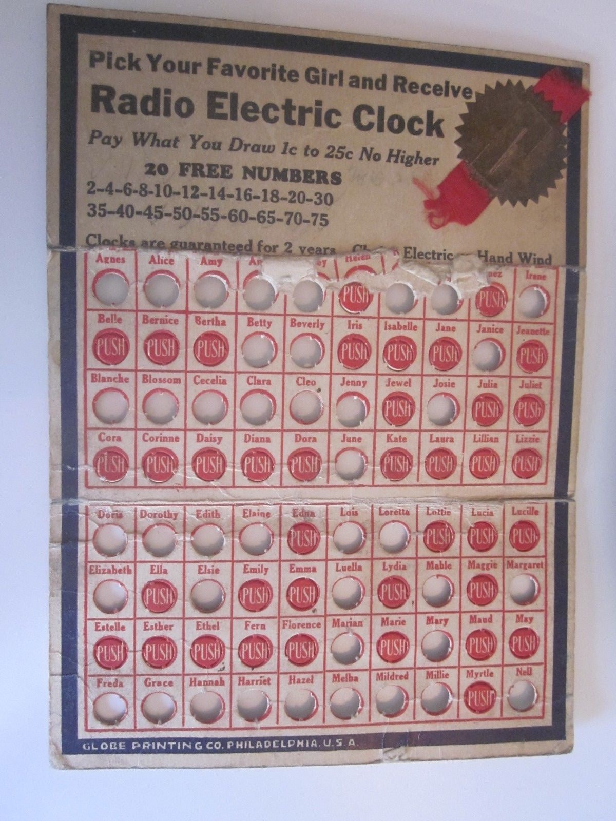 vintage Radio Electric Clock Pick Your Favorite Girl Punchboard trade stimulator