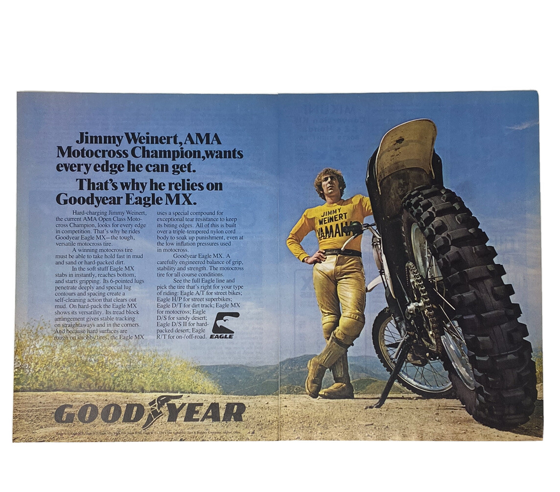 1975 Jimmy Weinert Yamaha AMA Goodyear Eagle Original 2-PAGE Print Ad VTG MX