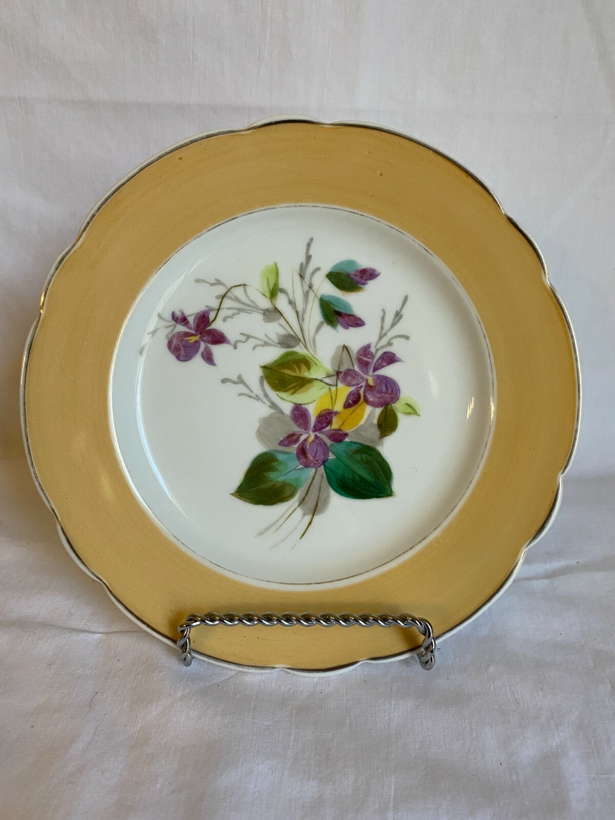 Vintage Plate  Golden Peach Band Violet Floral Scalloped Edge 8 1/4\