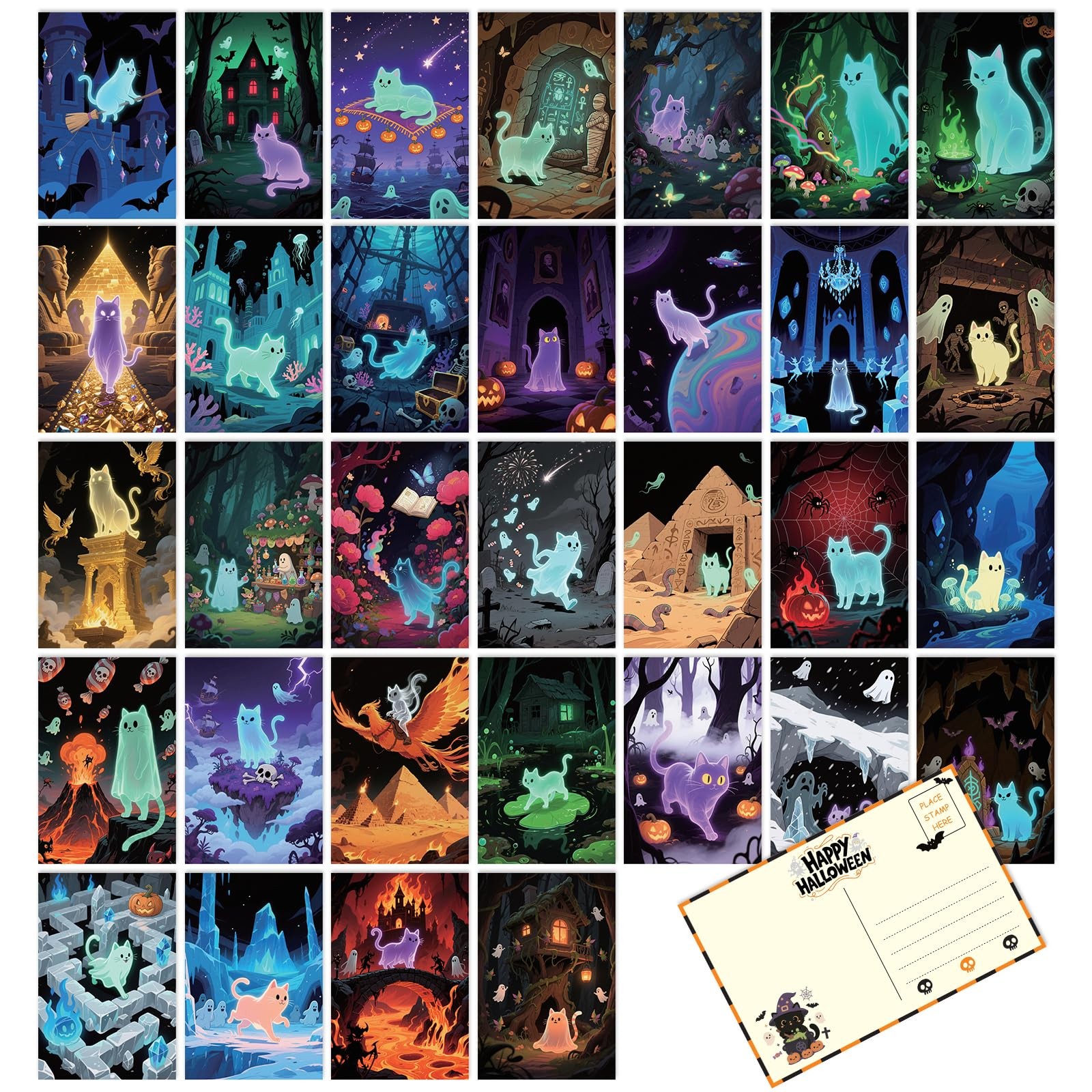 Tlenpo 32pcs Vintage Halloween Postcards Ghost 4×6 In, Cat
