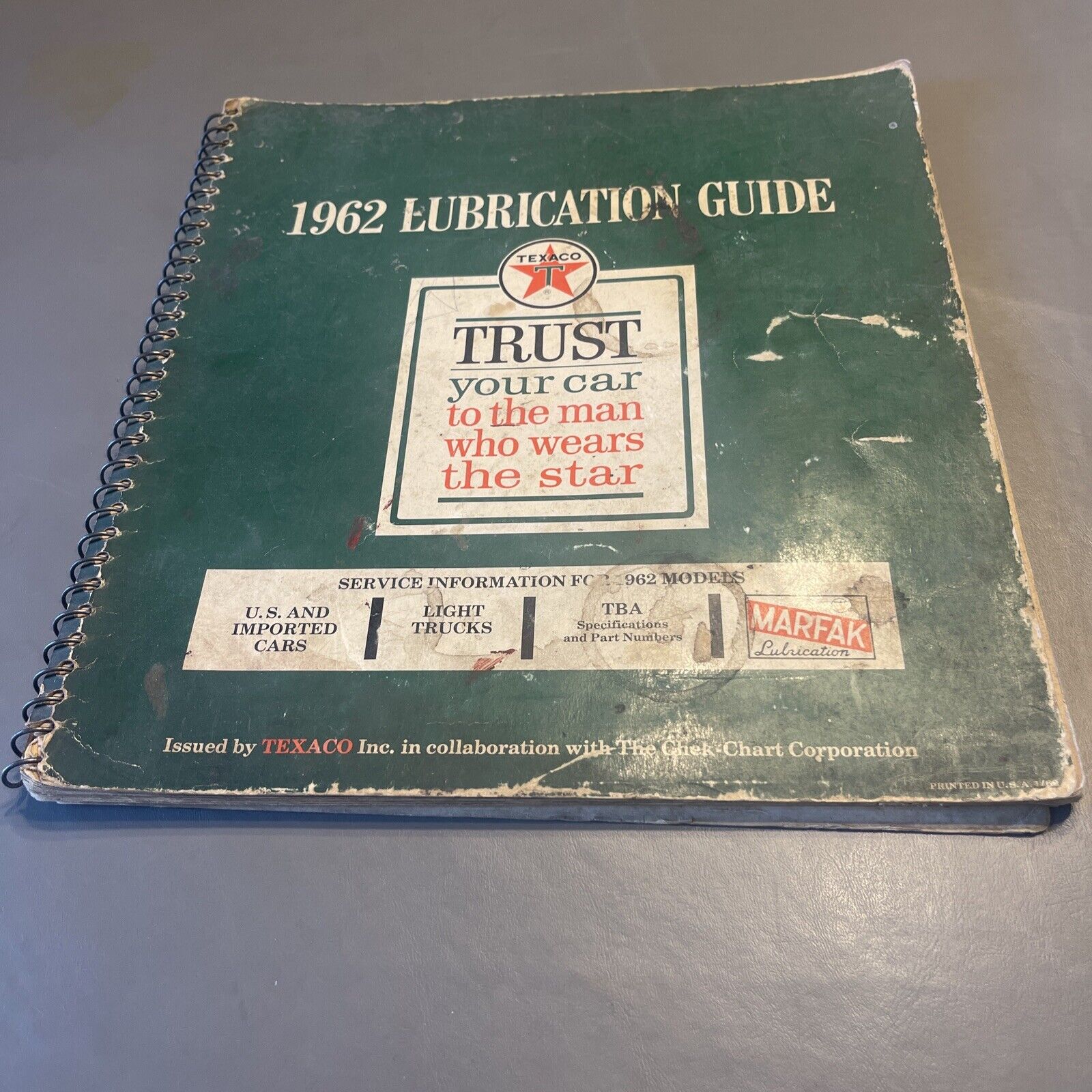 Vintage Texaco Lubrication Guide. 1962 Guide, Marfak,The Chek-Chart Corporation 