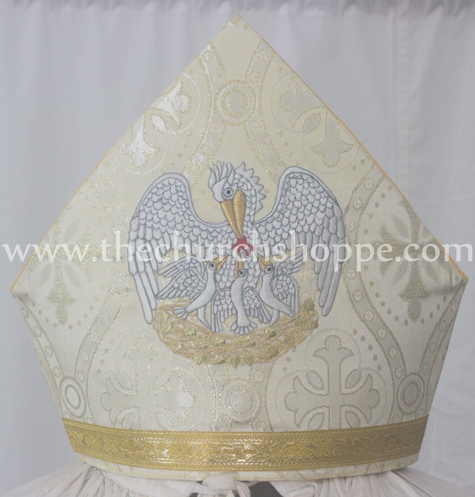 New Metallic Gold Mitre with PELICAN embroidery,mitra,Bishop's Mitre, New