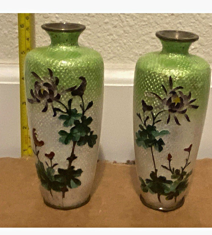 Antique Pair Japanese Ginbari Cloisonne Vases Green Foil Chrysanthemum 5.5