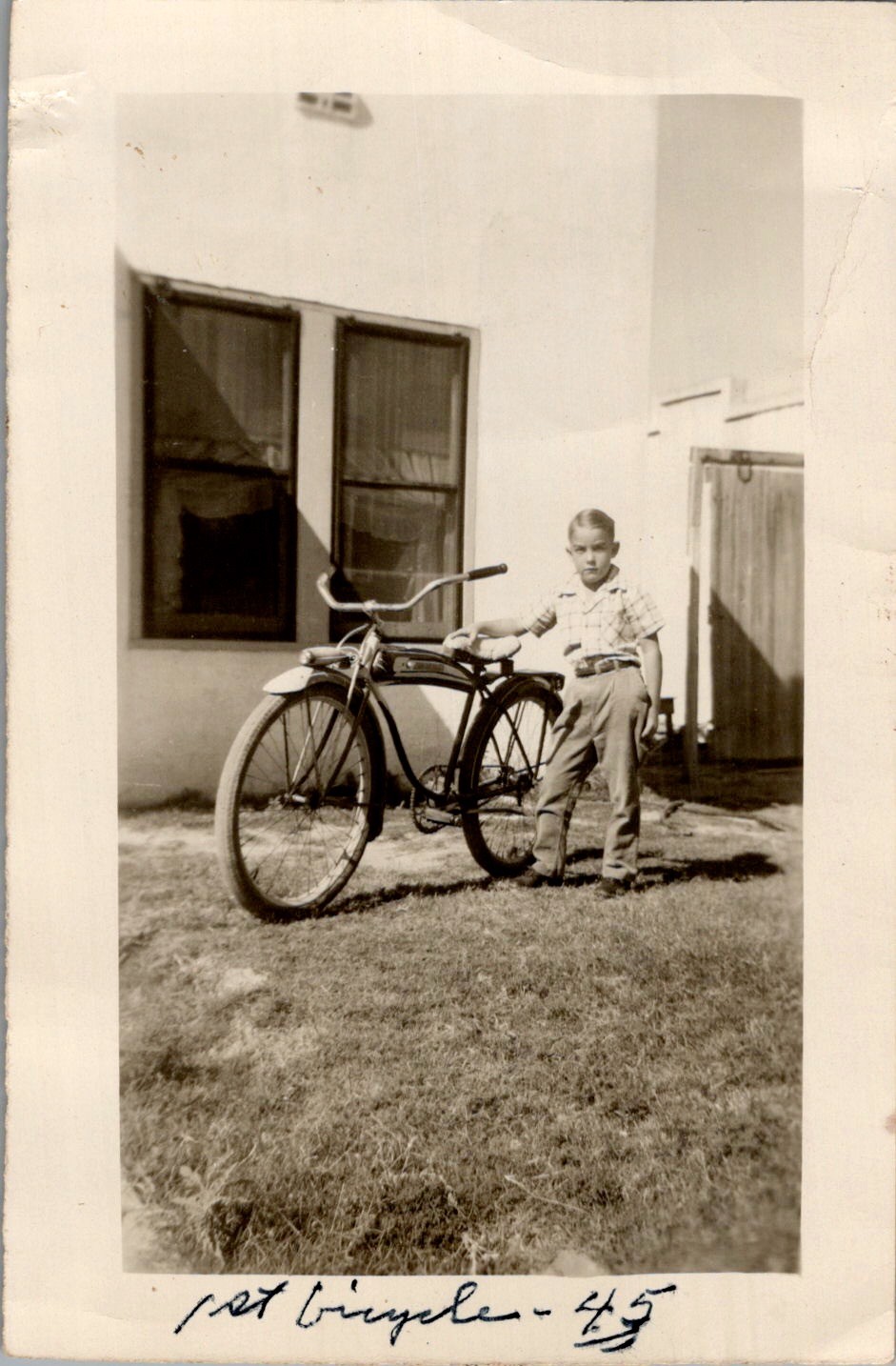1945 Boy With 1st Bicycle Photo Sepia Snapshot Postwar Americana Backyard