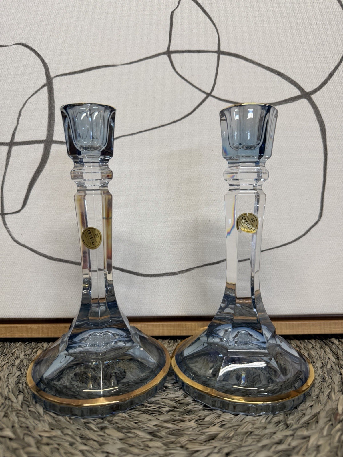 VTG SC ITALIAN genuine lead crystal candle holder light blue gold trim 8.25\