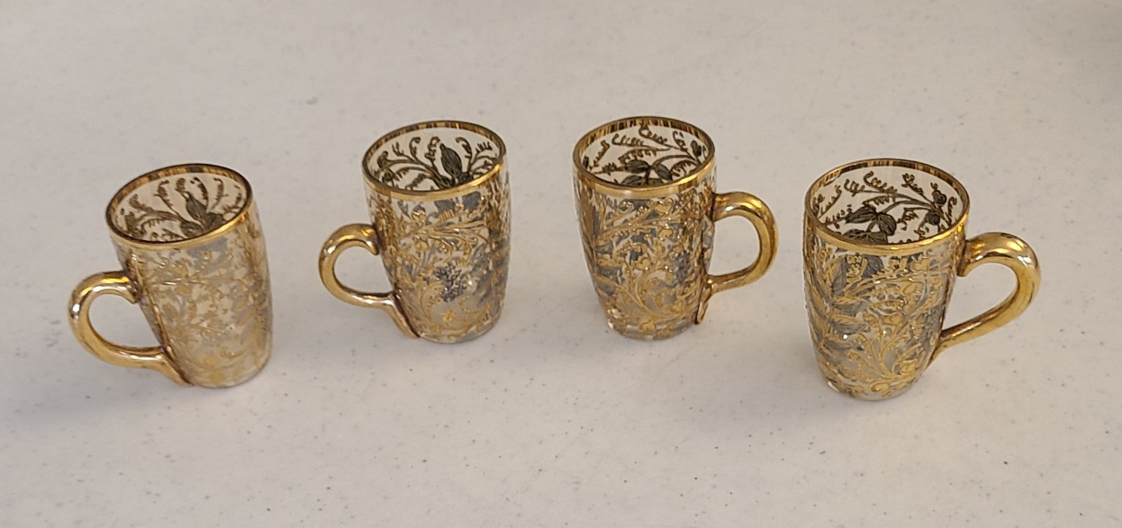 Four Exquisite Vintage Moser Bohemian Glass Liqueur Cups with Gold Gilding