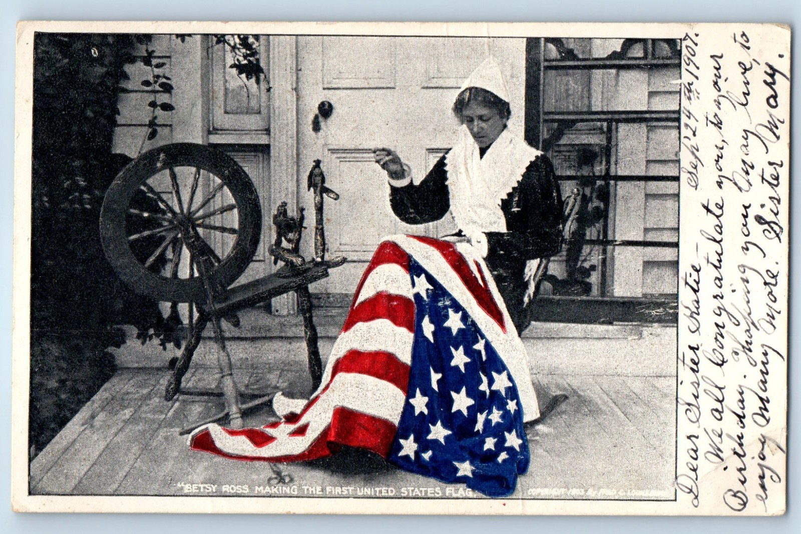 1907 Betsy Ross Making The First United States Flag Embossed Antique Postcard