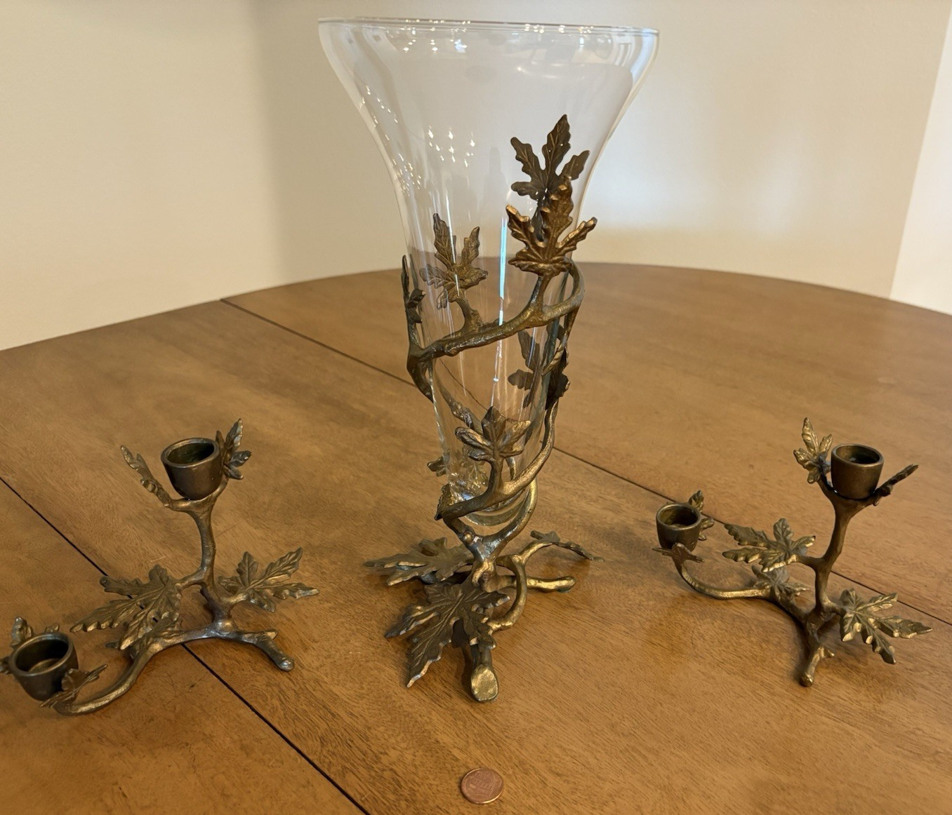 Vtg Brass Leaf Candlesticks & Vase Dinning Table Centerpiece Set Bombay Co