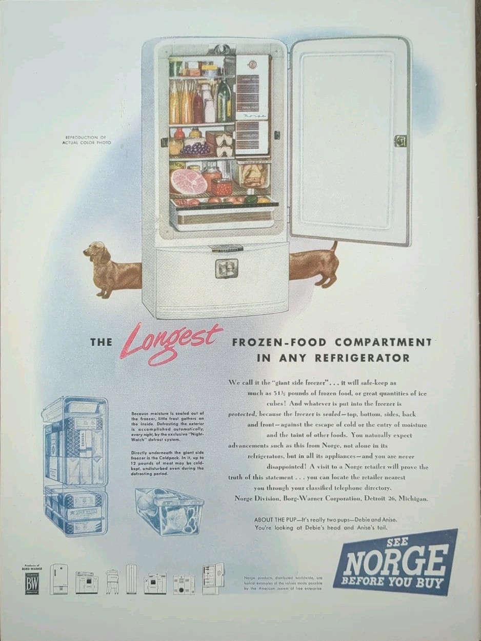 1947 vintage Norge Refrigerator Print Ad, Longest Frozen Food Space 