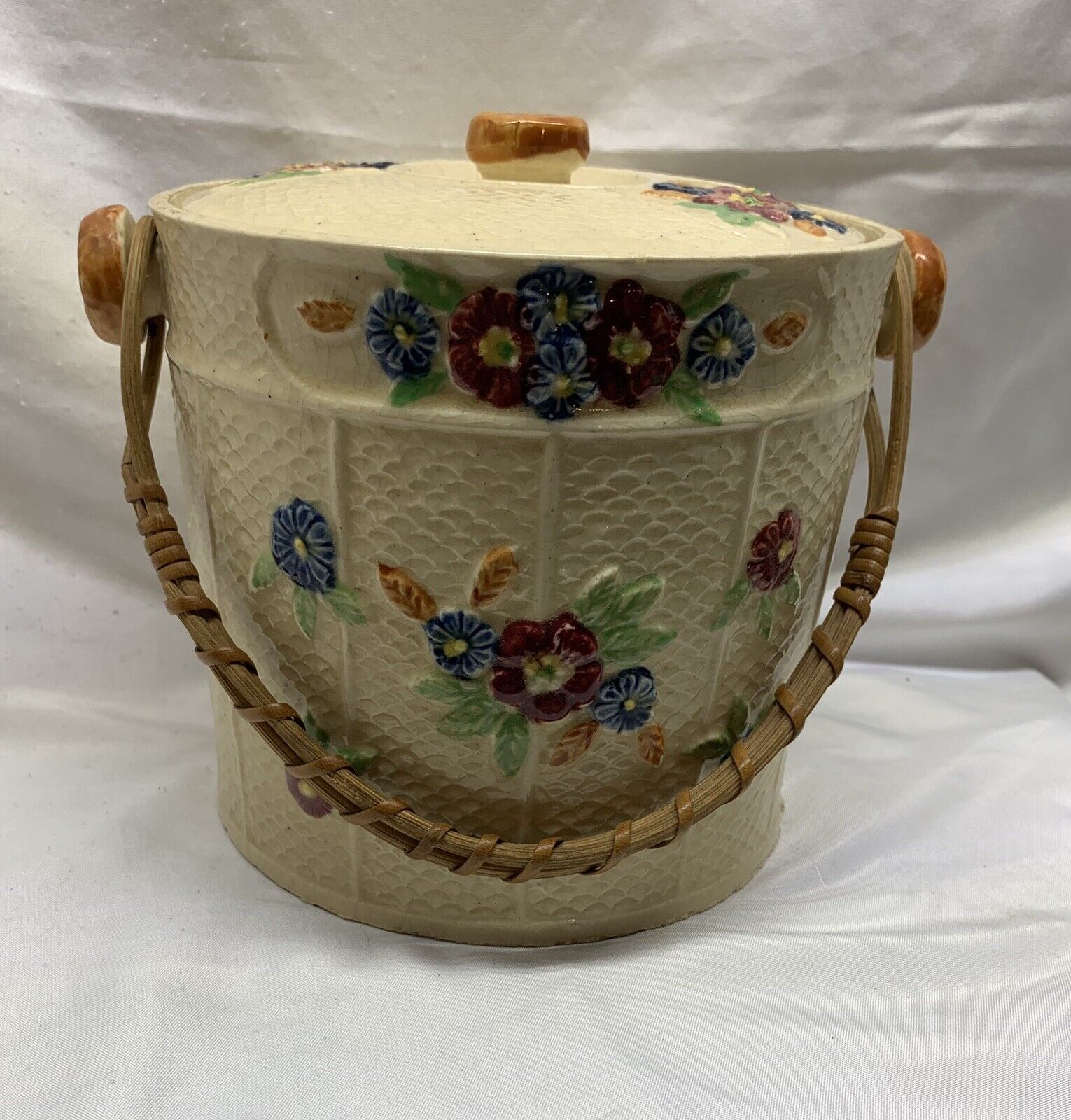 Vintage Japanese Floral Biscuit Jar With Wicker Handle - Made in Japan 4”