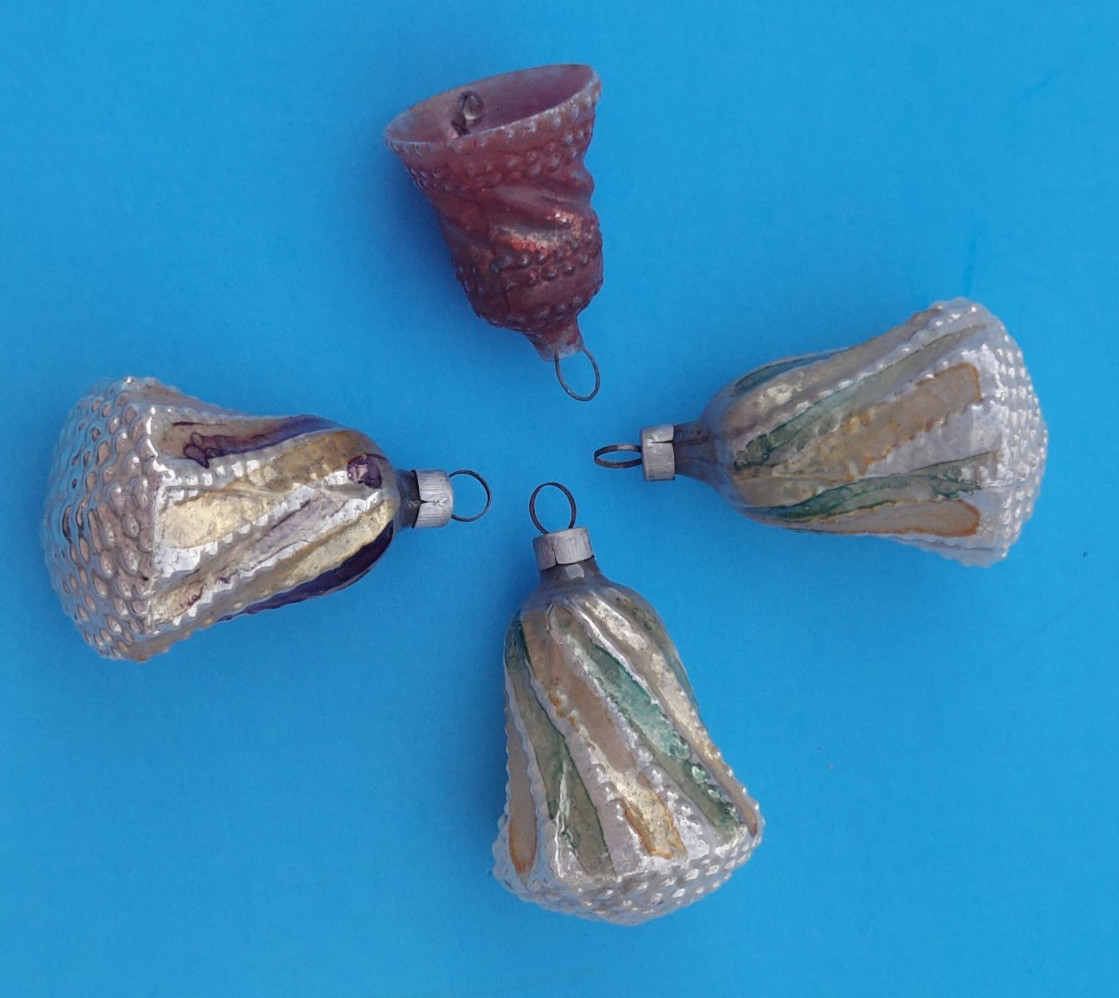 (4) Antique Bumpy Bells Glass Christmas Ornaments