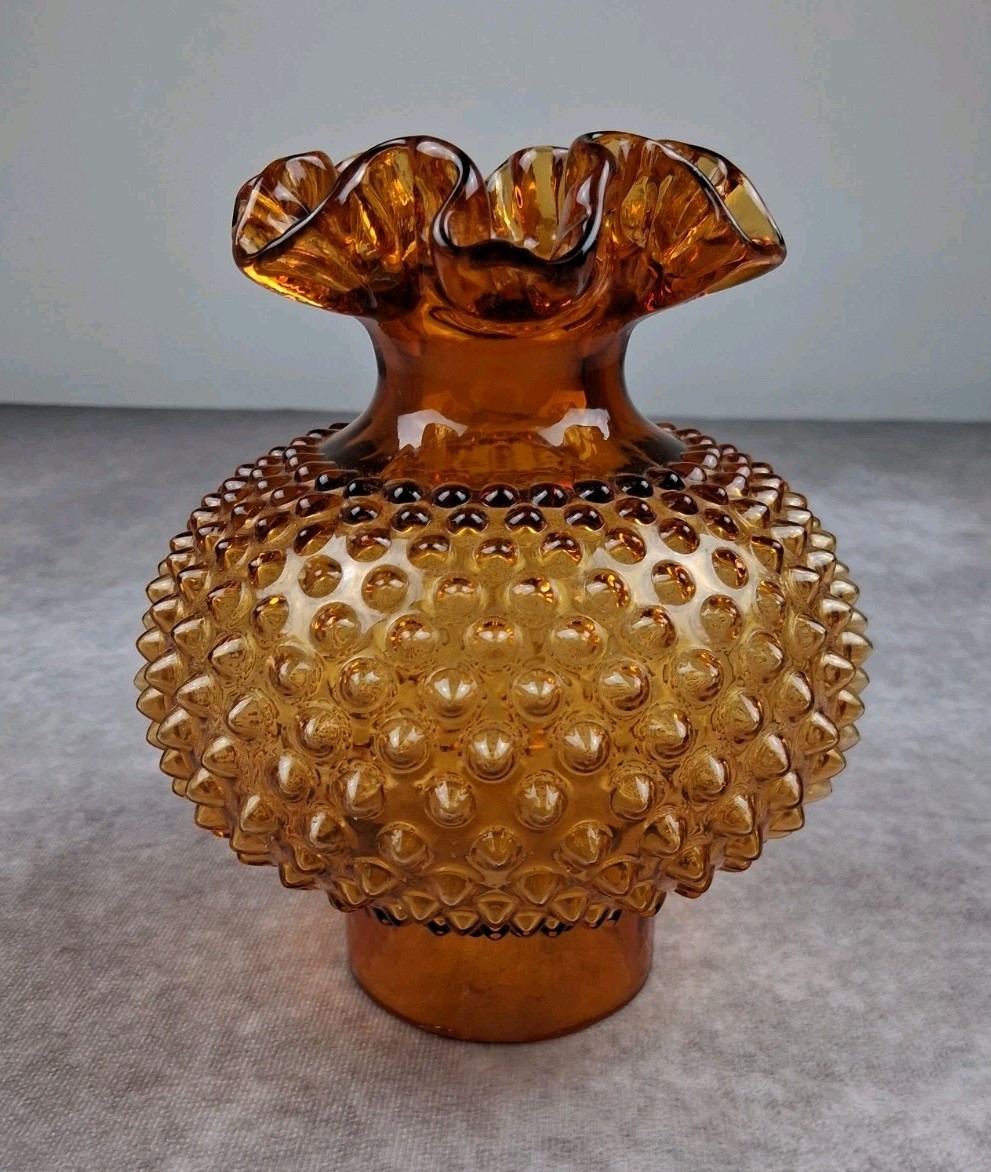 Vintage Fenton Amber Glass Hobnail Parlor Lamp Shade Ruffled Top Fitter Globe