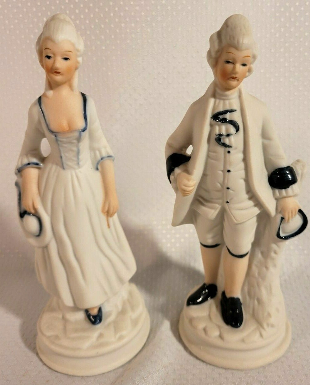 Vtg Colonial Man And Woman Figurines Bisque & Glaze Ceramic Colonial Statues