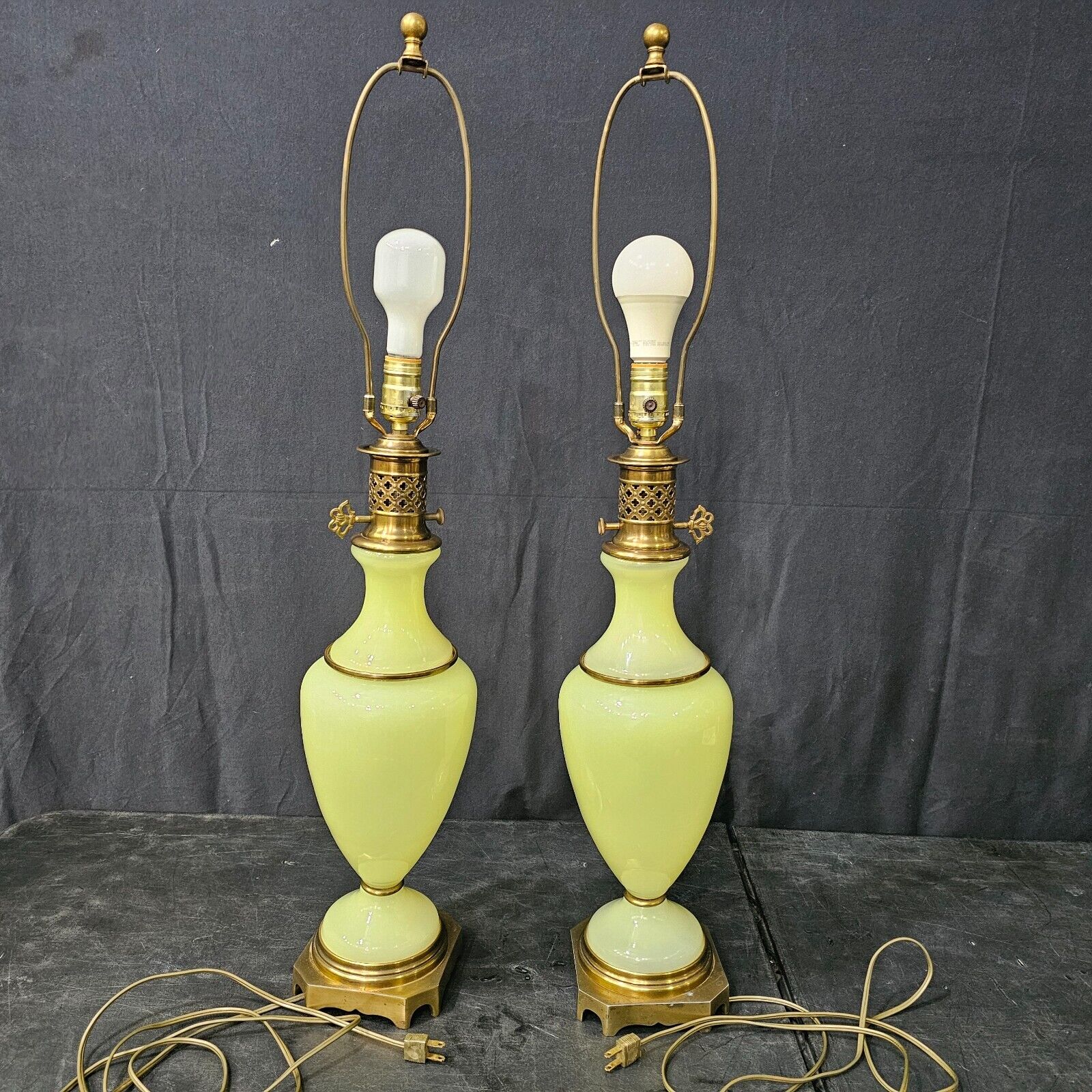 PAUL HANSON Green Opaline Uranium Glass metal base Vintage Pair of lamps 35