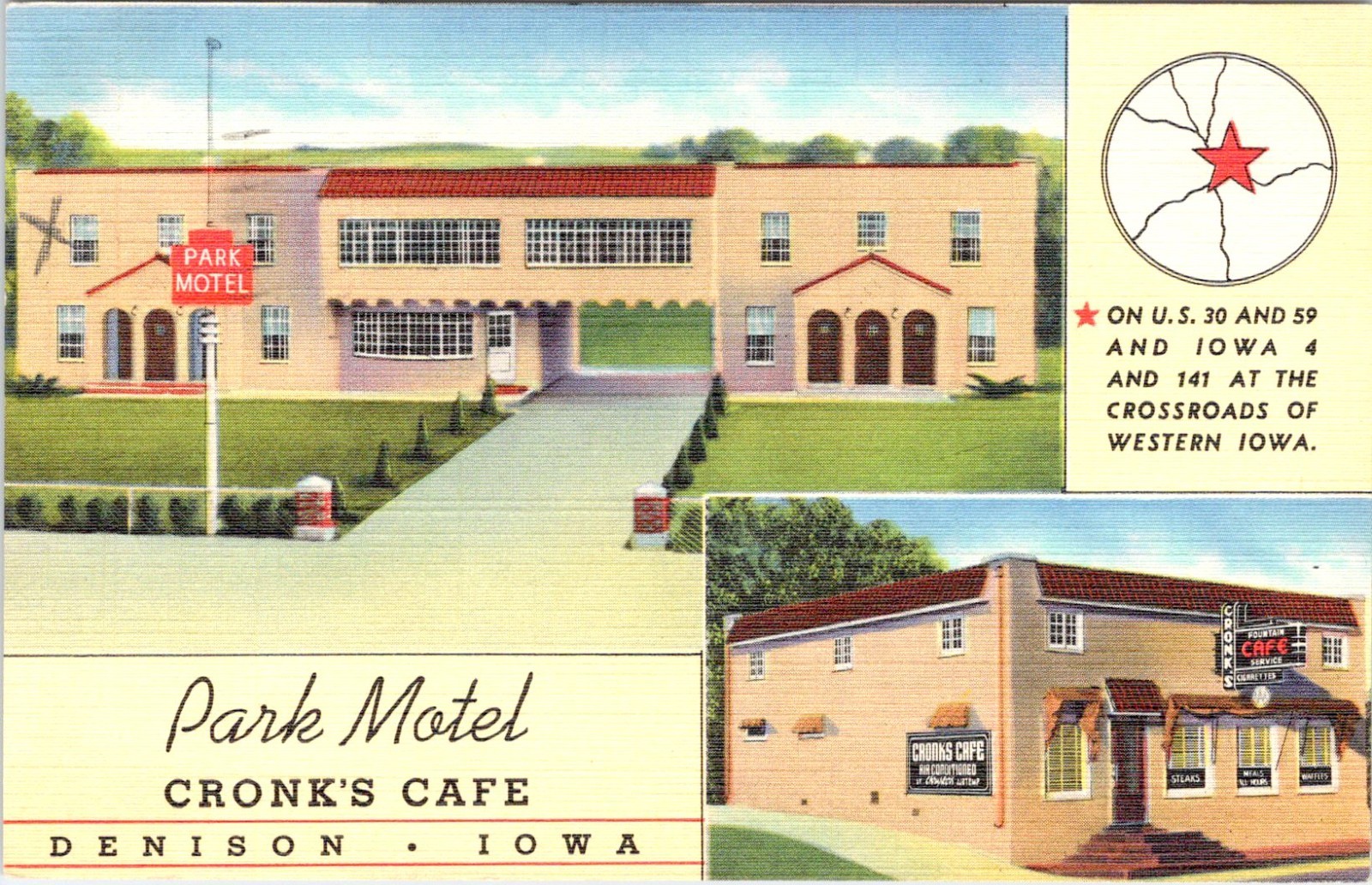 Denison IA Iowa PARK MOTEL & CRONK\'S CAFE Crawford Co ca1940\'s ROADSIDE Postcard Denison IA Iowa PARK MOTEL & CRONK\'S CAFE Crawford Co ca1940\'s ROADSIDE Postcard