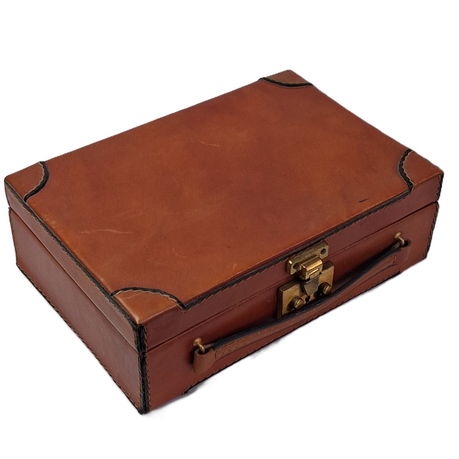 RARE VINTAGE MEN'S LEATHER JEWELRY BOX 6.5x9.5in Brown No key