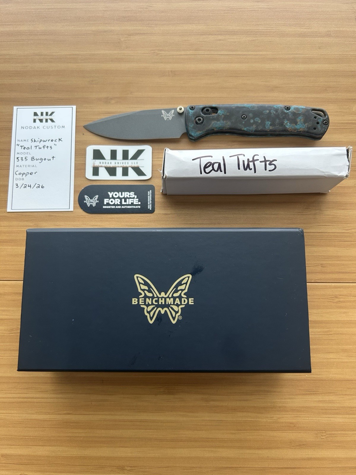 Nodak Custom “Teal Tufts” Shipwreck Copper Benchmade 535 Bugout Smoke Gray S30V