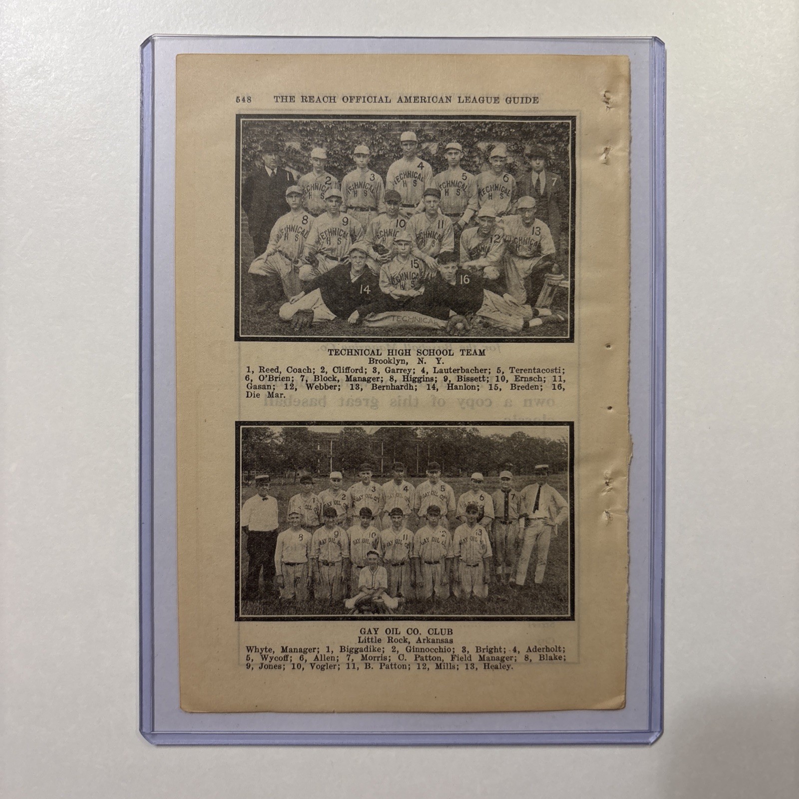 1923 Technical HS Brooklyn NY & Gay Oil Co Little Rock AR Baseball Team Pictures
