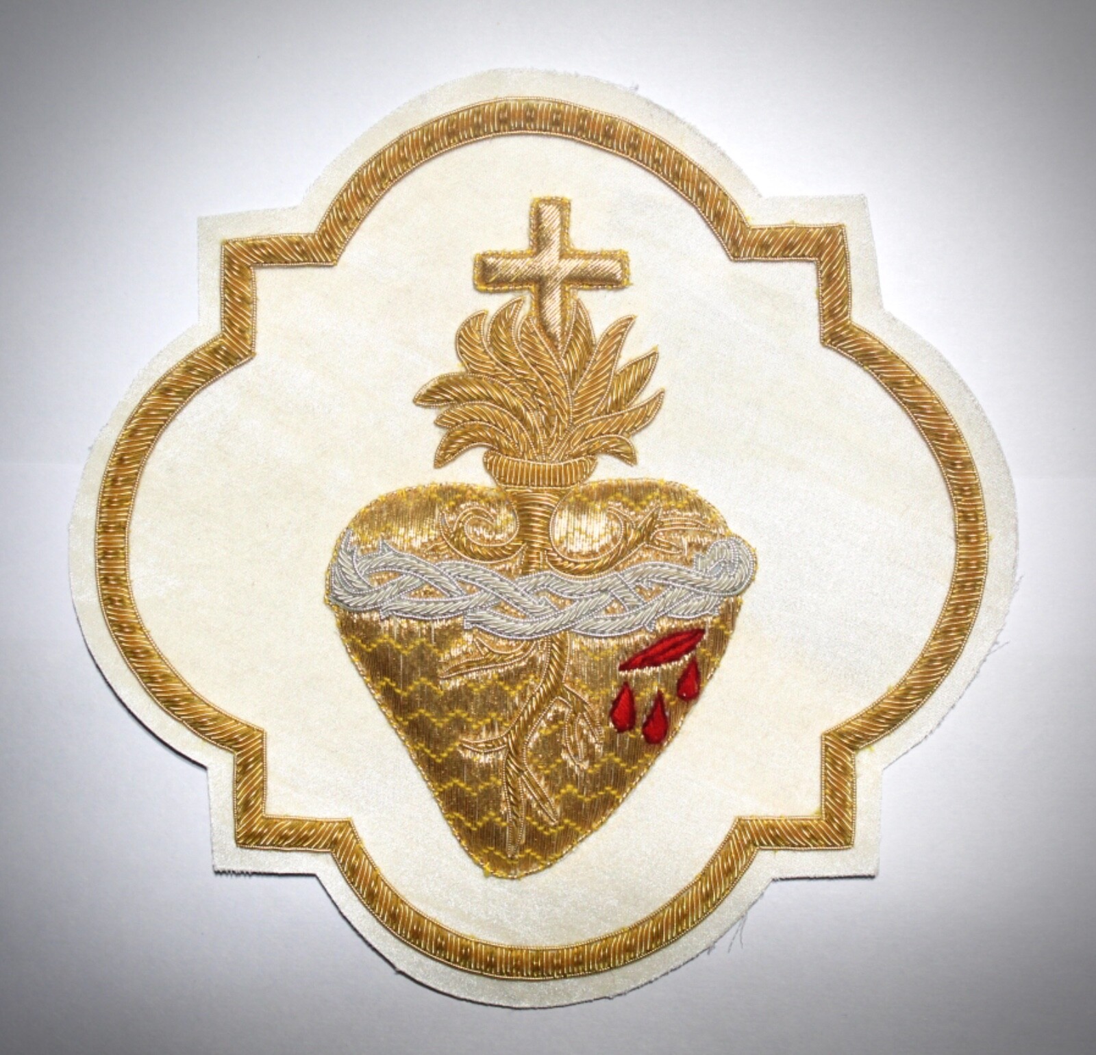 Sacred Heart Emblem Applique For Catholic Vestment Sewn On White Rayon Satin