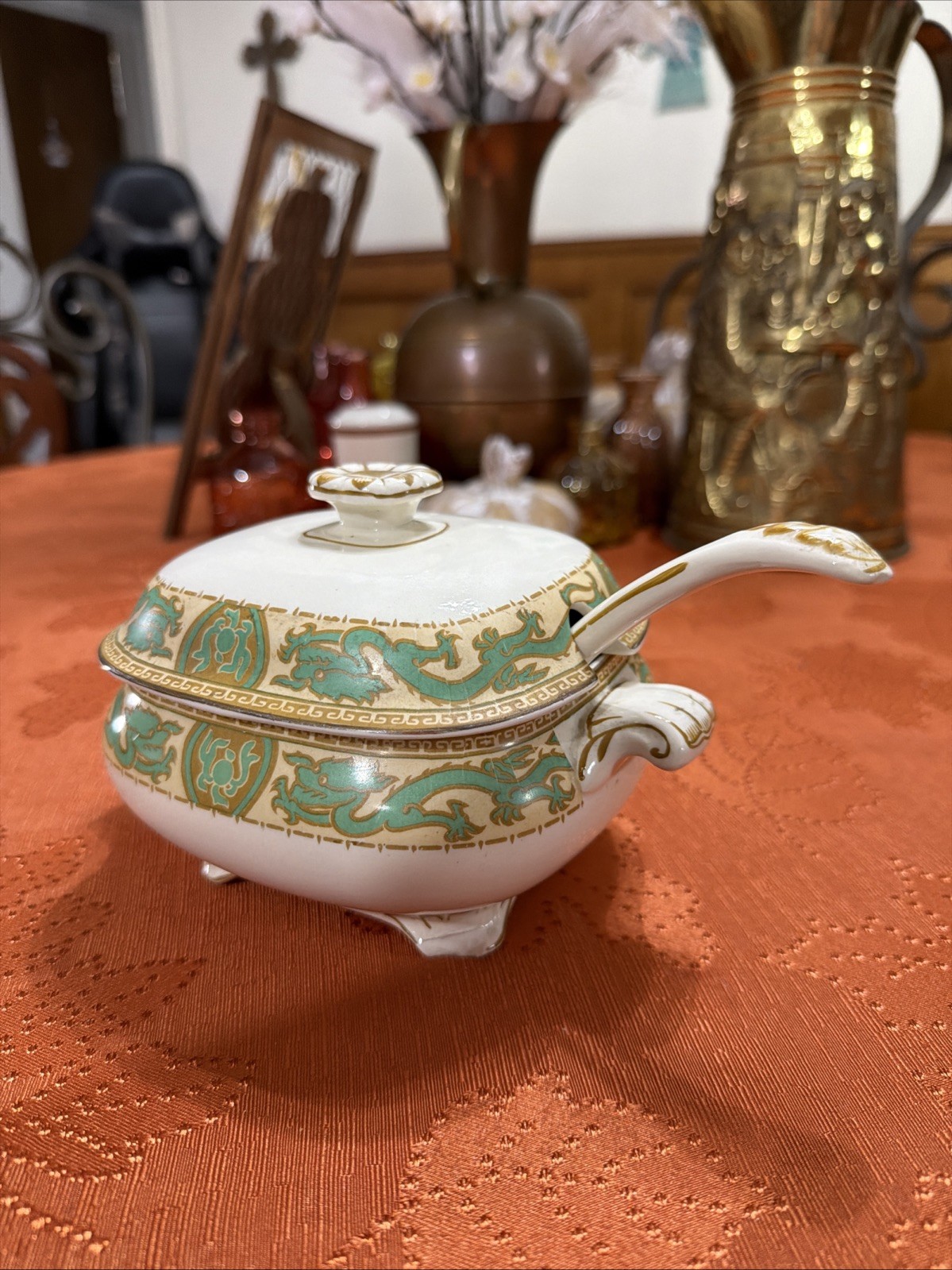 Vintage Booths Silicon China Green Dragon Lidded Tureen & Ladle Set Pat 4410