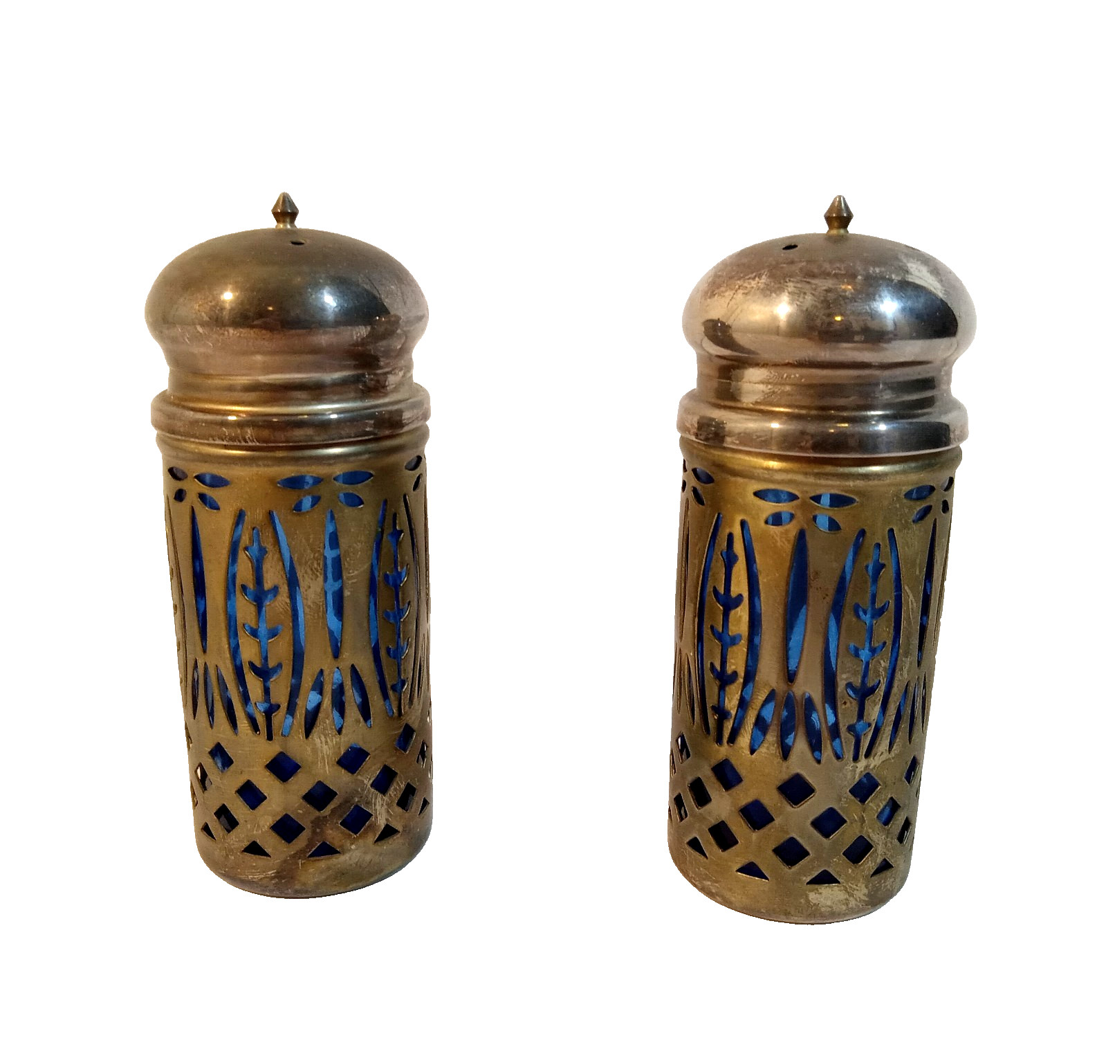 Vintage Glass Salt Pepper Shakers OS Blue Brass Tabletop Traditional Retro Class