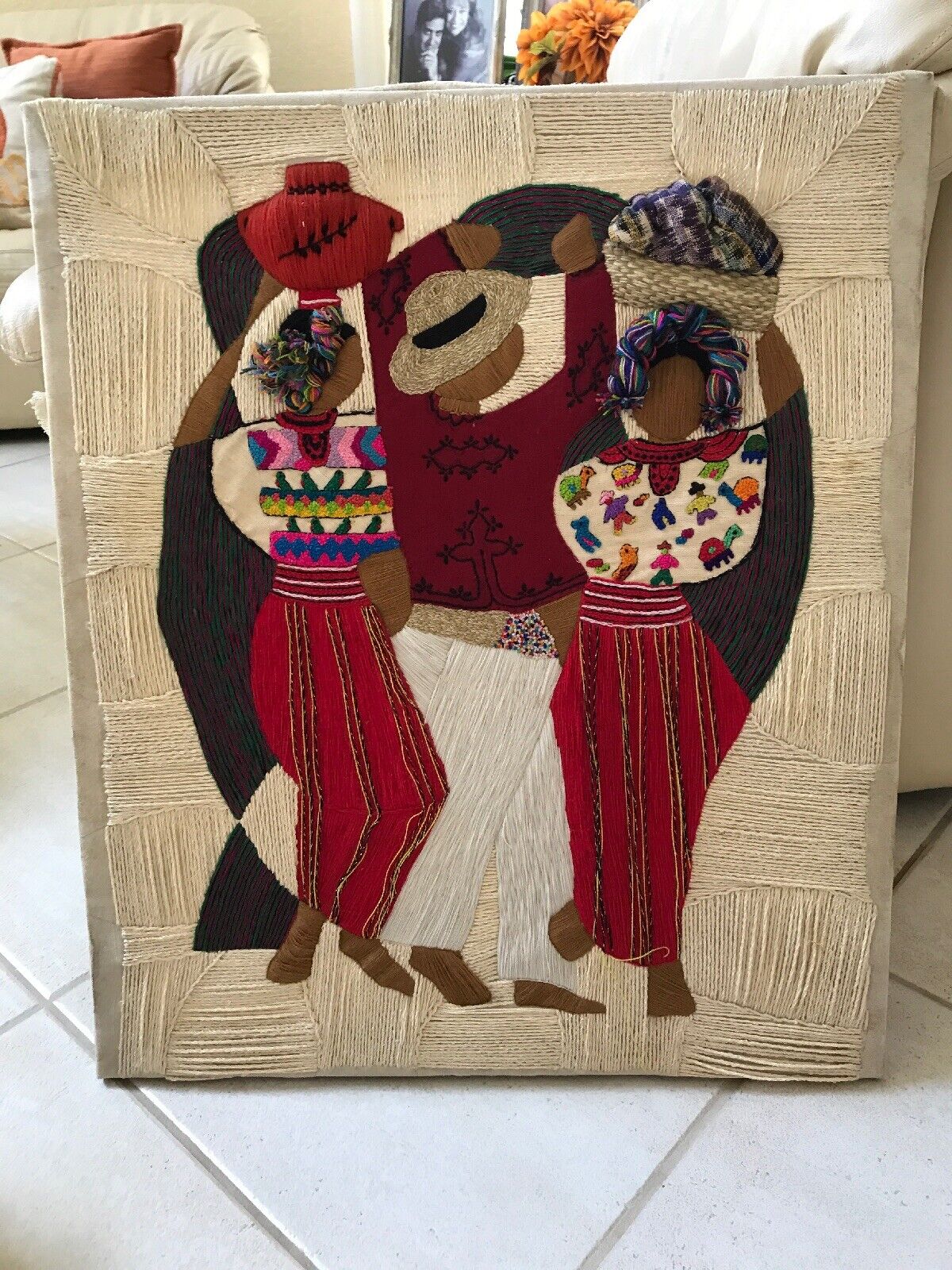 VINTAGE Weaved Artwork On Canvas 22” X 26” from GUATEMALA Authentic-RARE