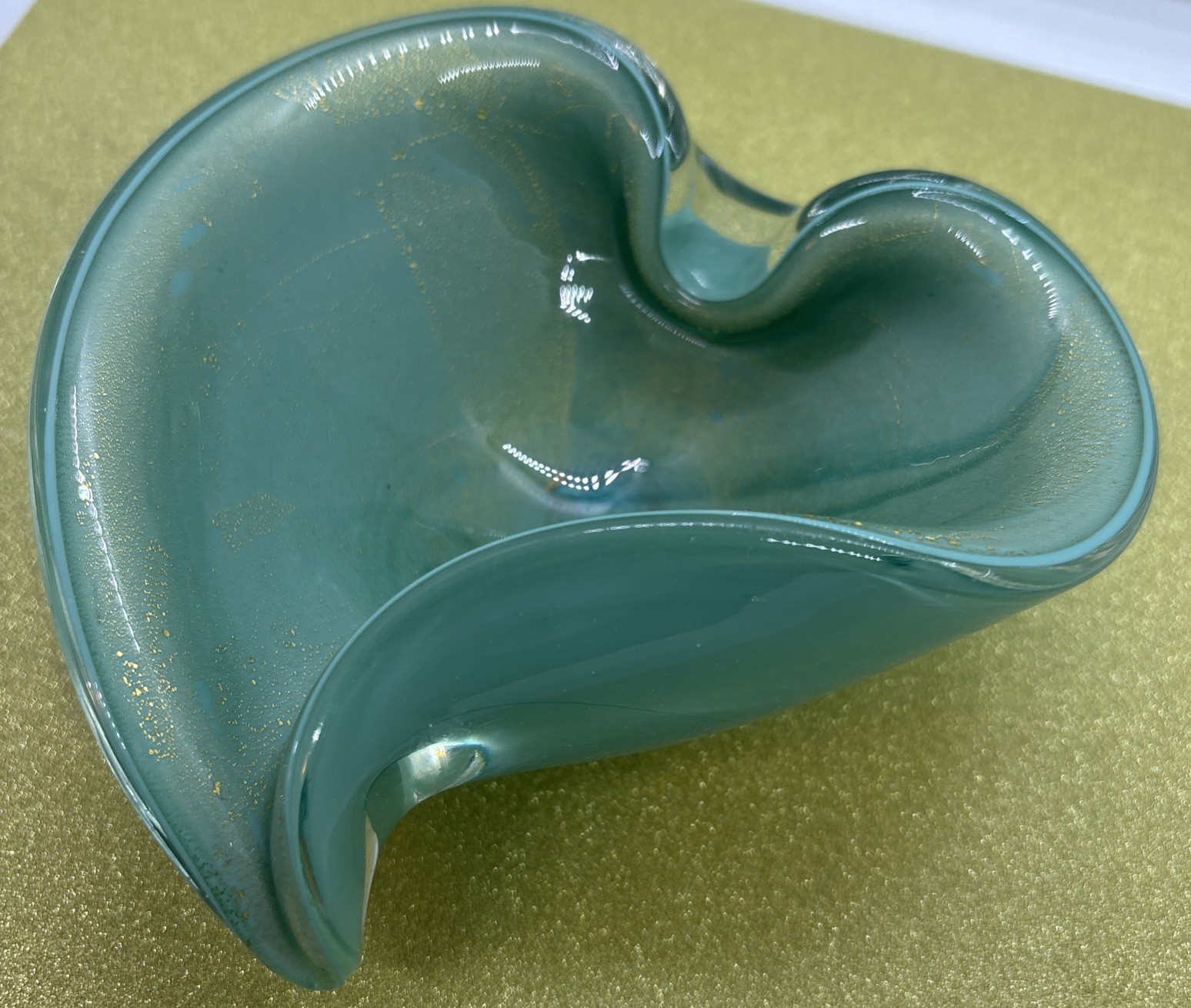 MCM TURQUOISE vtg Murano gold flecks art glass bowl sculpture Alfredo Barbini