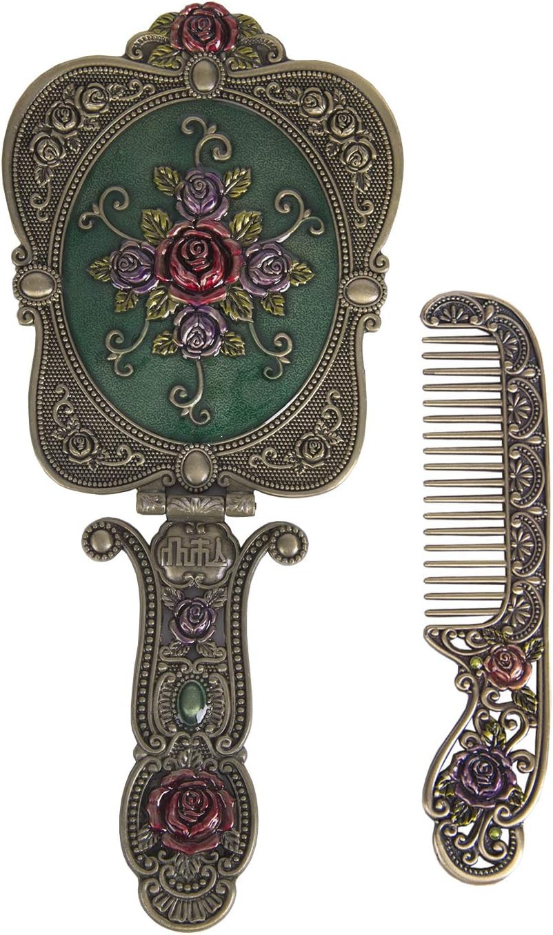 Antique Vintage Hand Mirror Comb Set - Vanity Handheld Makeup Mirror Bronze
