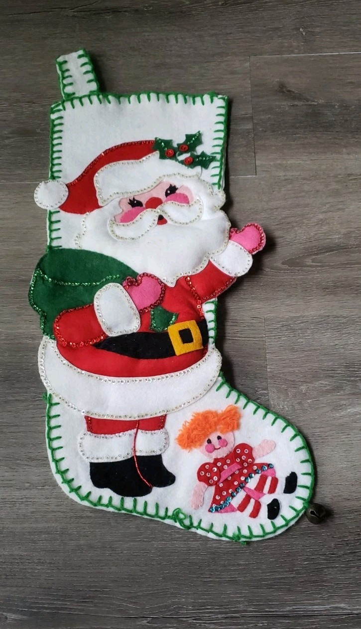 VTG Bucilla 1868? Completed Felt Christmas Stocking Holiday Santa STAINS NO TOYS VTG Bucilla 1868? Completed Felt Christmas Stocking Holiday Santa STAINS NO TOYS