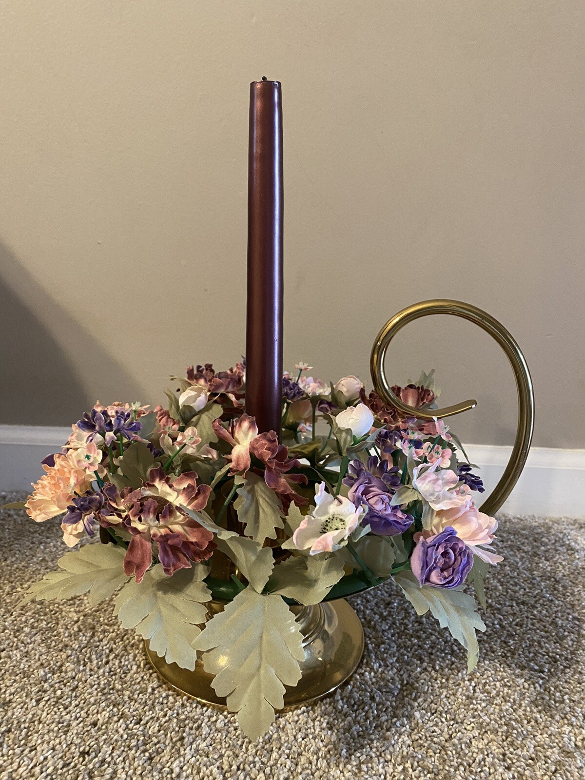 Vtg Baldwin Brass Chamber Candlestick Holder w/ Scroll Handle & Silk Flower Ring