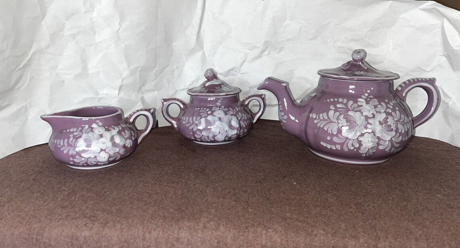 Vintage Purple Hand Painted Kbny Italy Ceramic Teapot with Sugar and Creamer Set