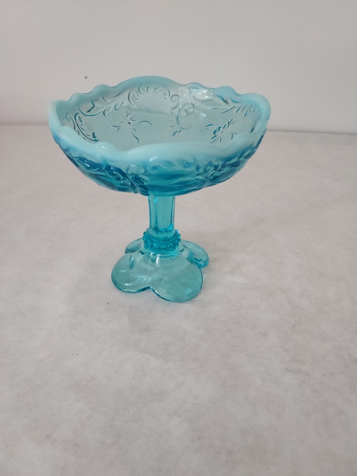 Rare Vintage Northwood Aqua Leaf And Flower Pedestal Compote