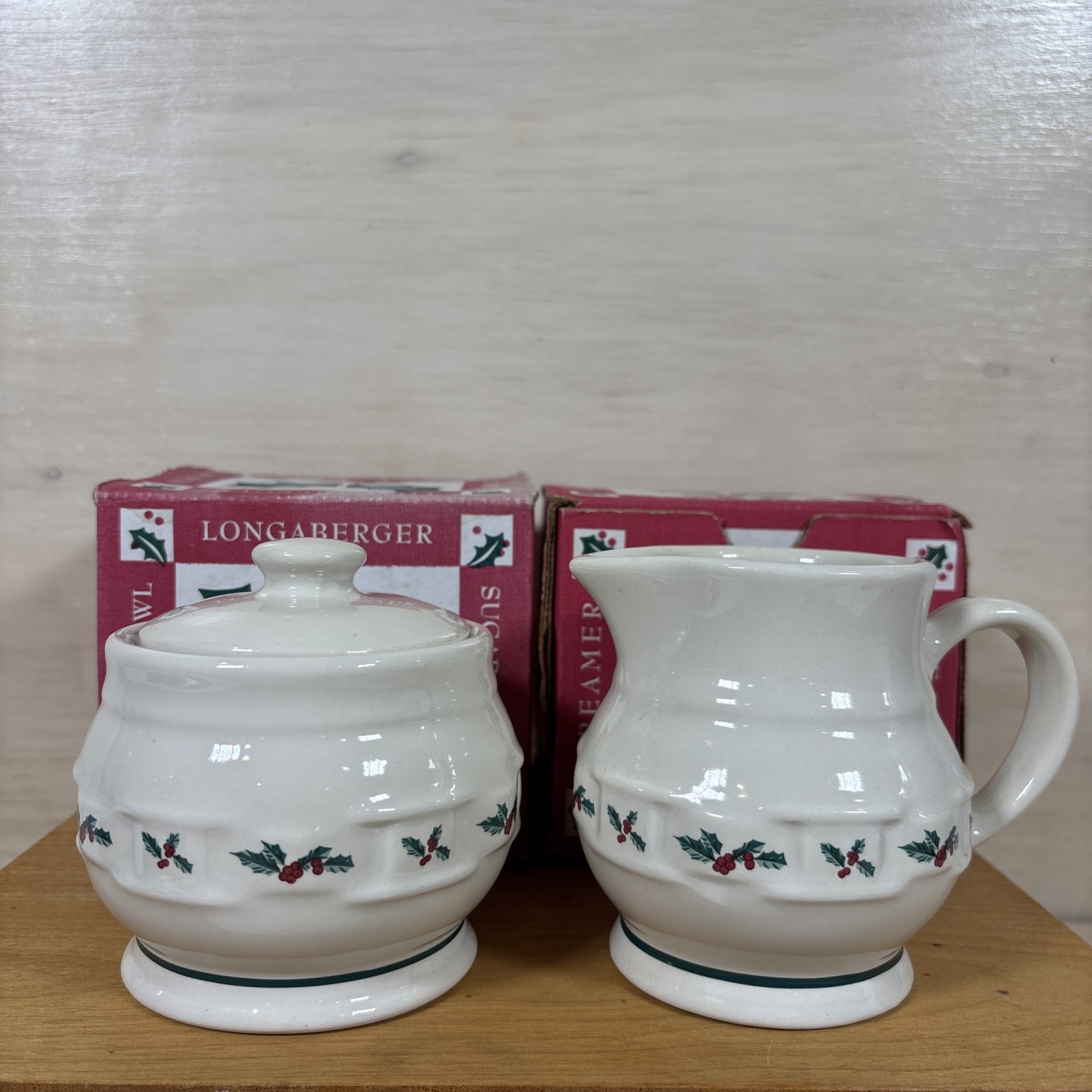 Longaberger Pottery 1995 Traditional Holly Christmas Creamer & Sugar Bowl NIB