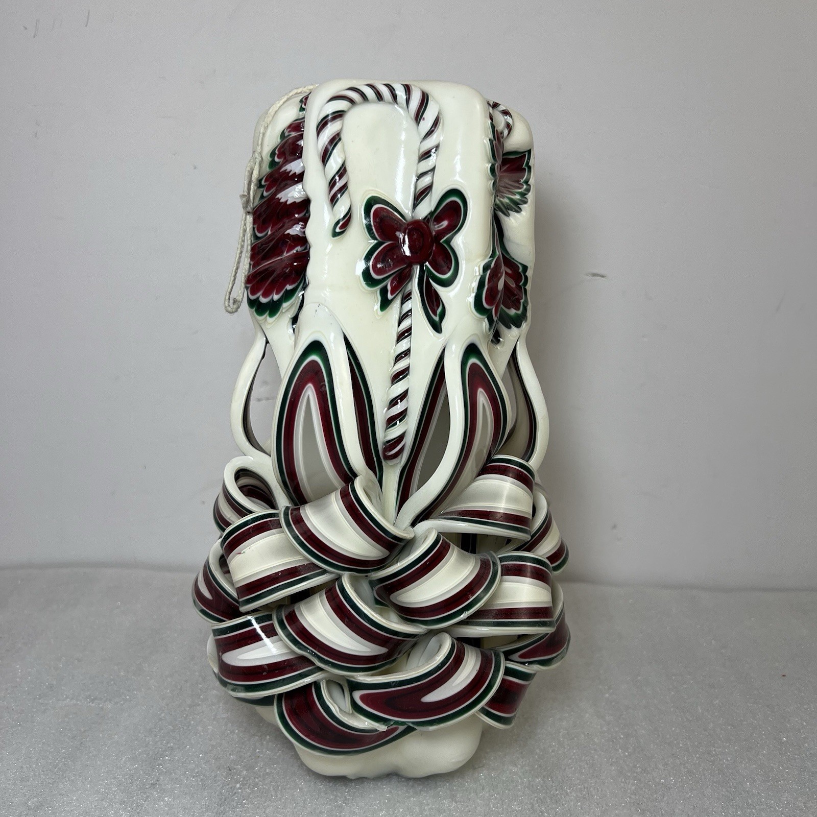 Vtg 10.5” Holland House Hand-Carved Ribbon Xmas Candle Red Green White Unburnt