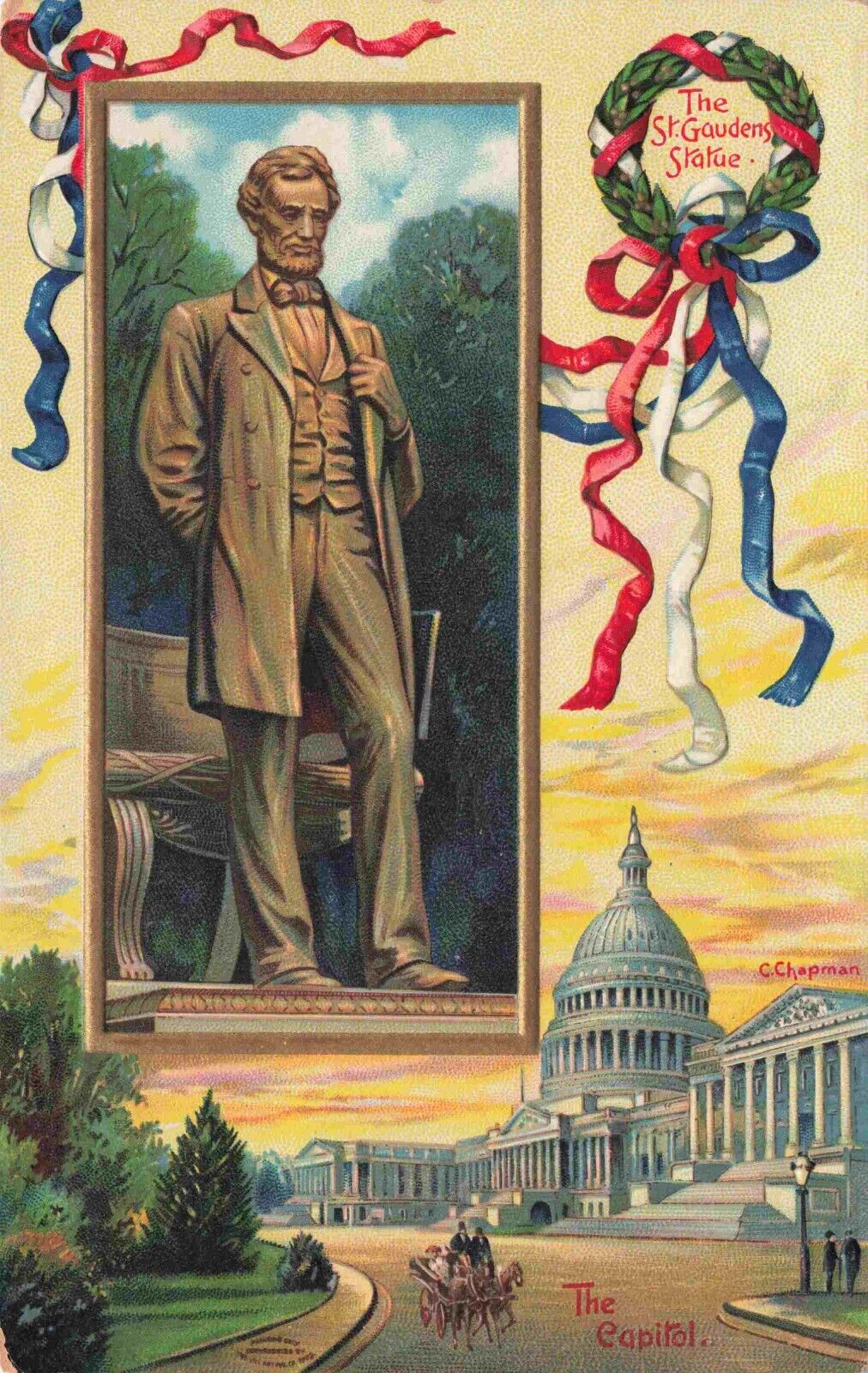 Patriotic Abraham Lincoln by C Chapman St Gaudens Statue Embossed Postcard