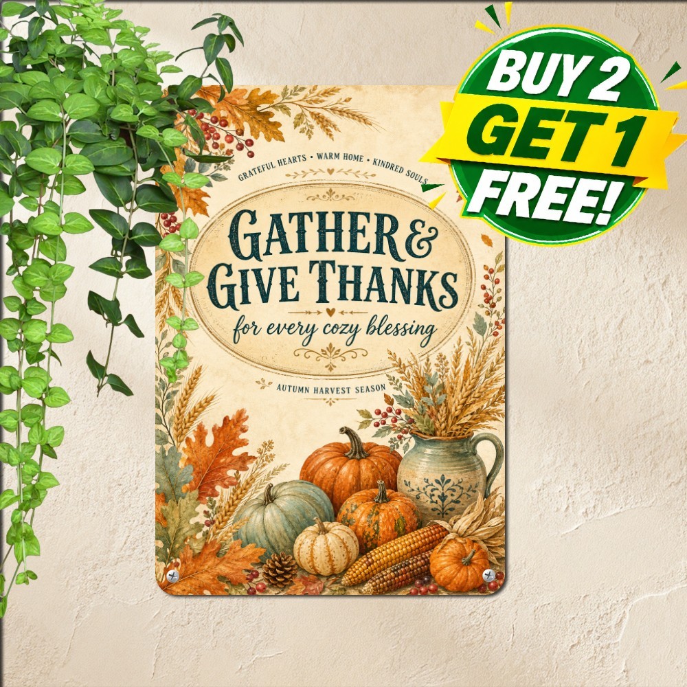 Glamorous Pumpkin Harvest Blessing Sign Rustic Autumn Thanksgiving Tin Plaque