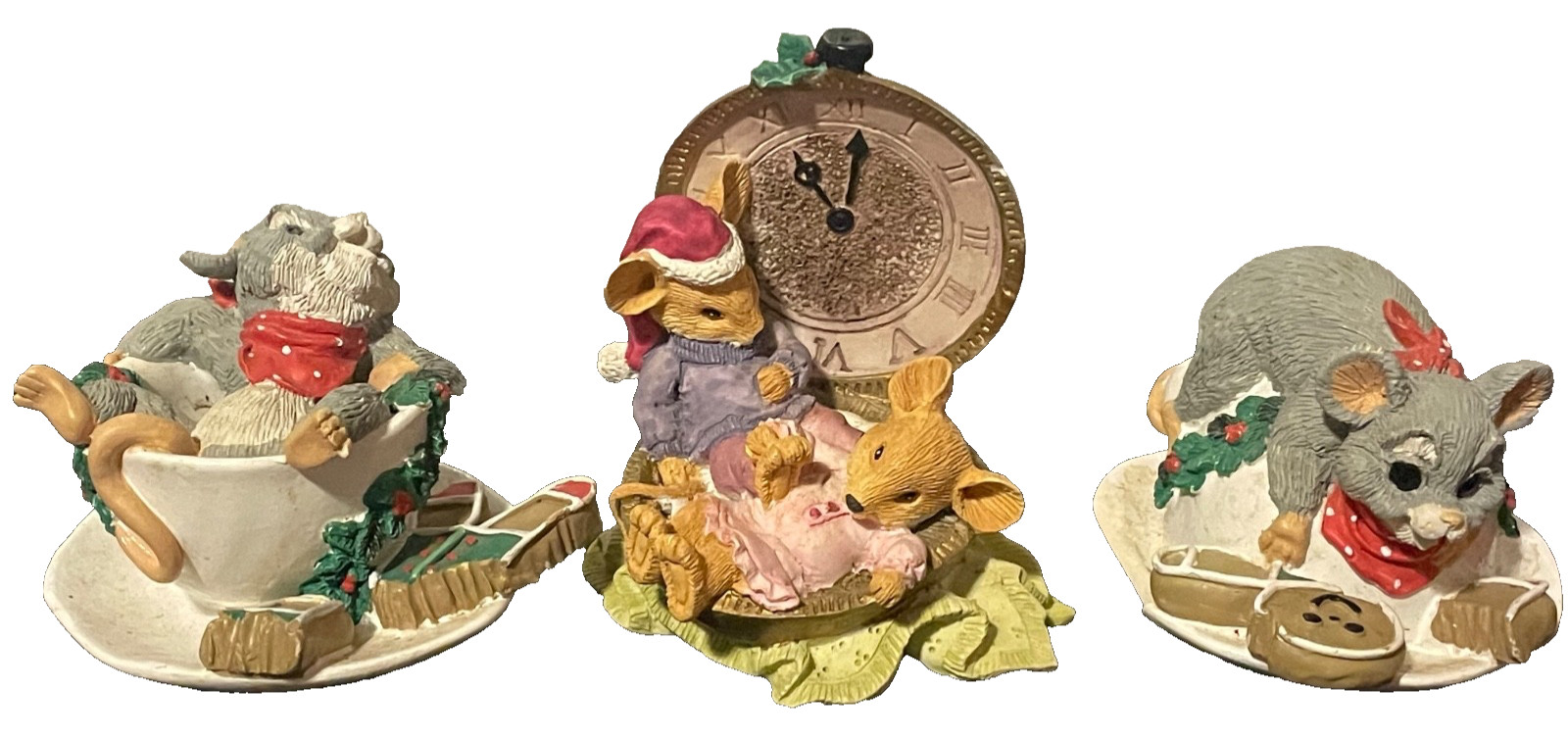 Vintage Enesco Priscilla Hillman Mouse Tales set 3 Christmas mice clock figurine