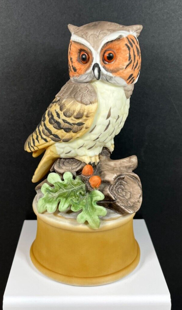 Vintage Shafford Owl on Branch Porcelain Figurine Music Box - WORKS