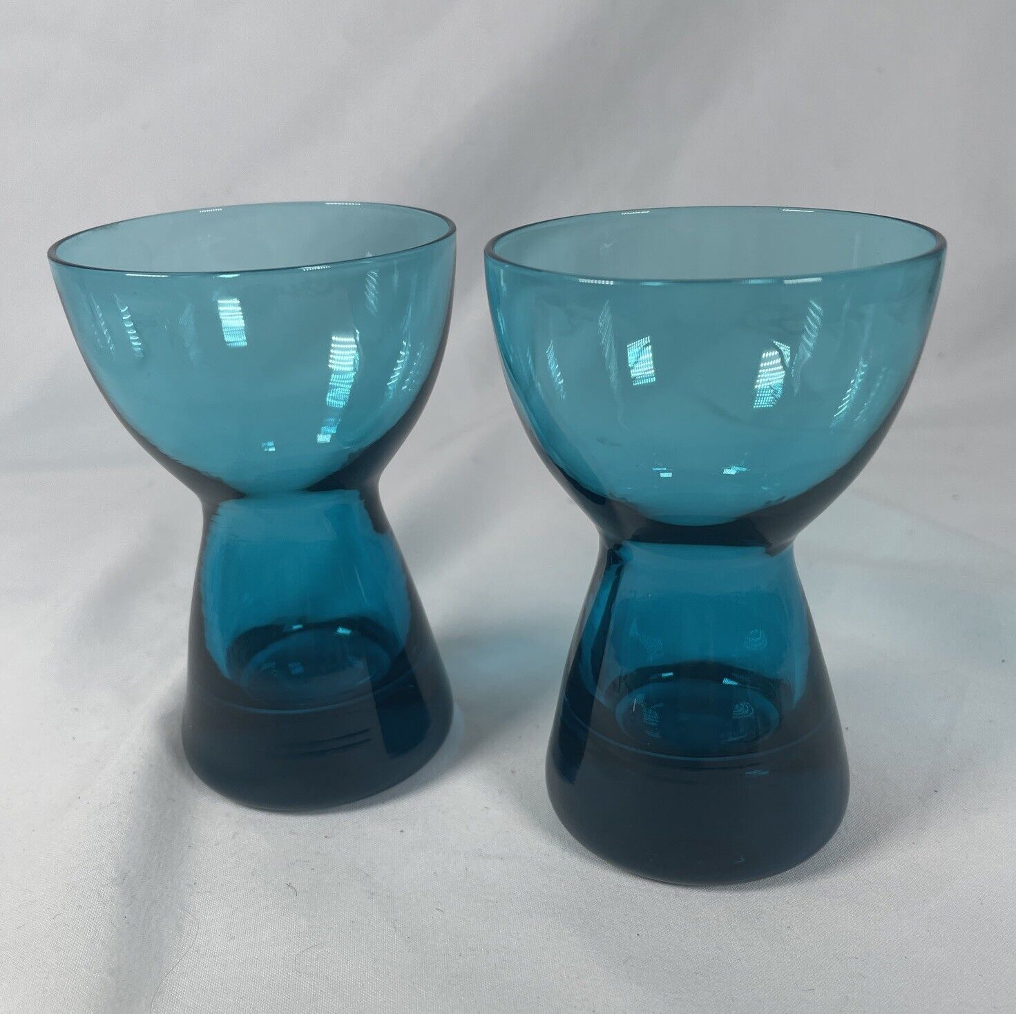 2 Morgantown Barron Glass Peacock Turquoise Teal Candlestick Holders MCM 1960s