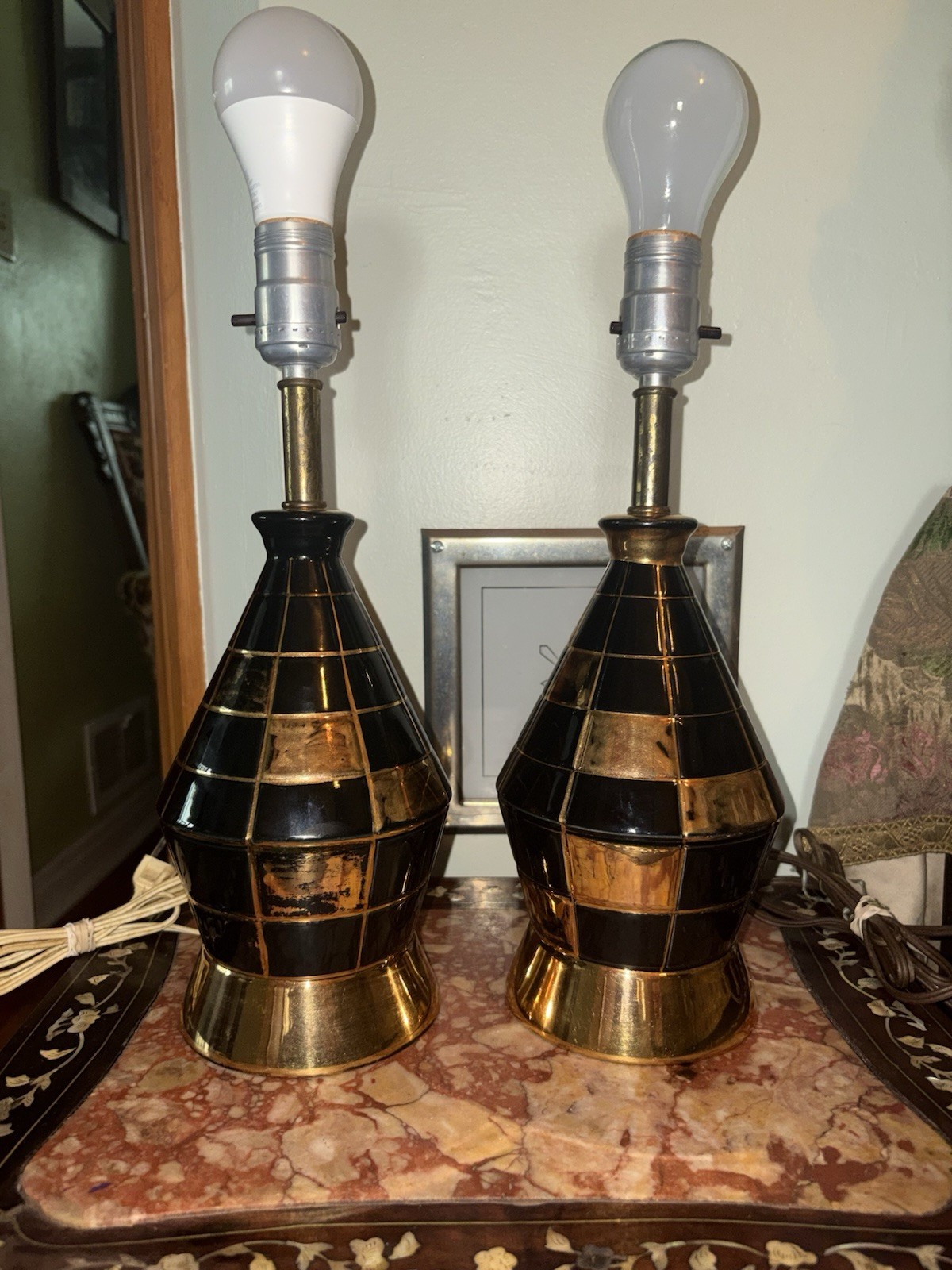 Vintage MCM Mid Century Modern Gold & Black Ceramic Pair Lamps Space Age Working