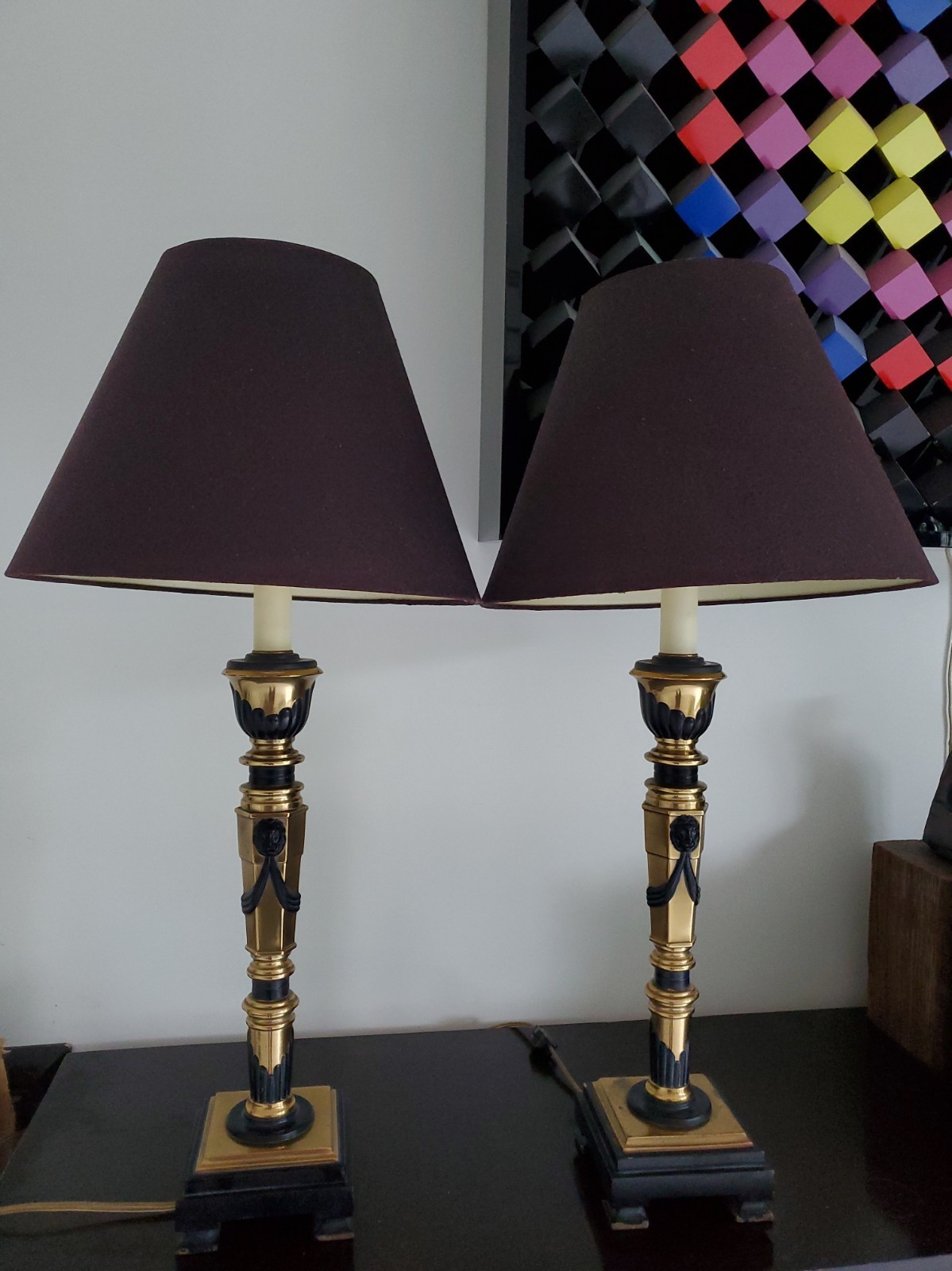 Pair Vintage Frederick Cooper Black & Golf Lion Head Neoclassical Table Lamps 