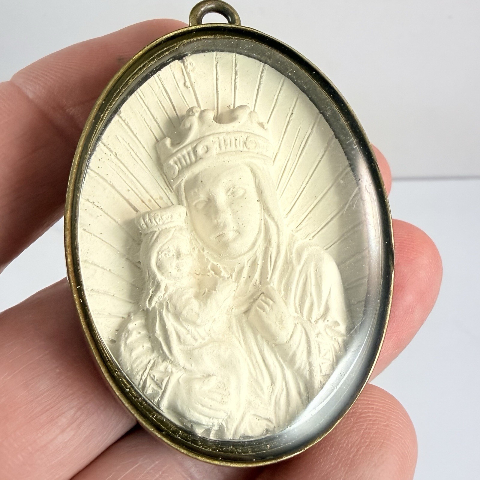Vintage Religious Devotional Medallion Carved Mother Mary & Infant Jesus Pendant