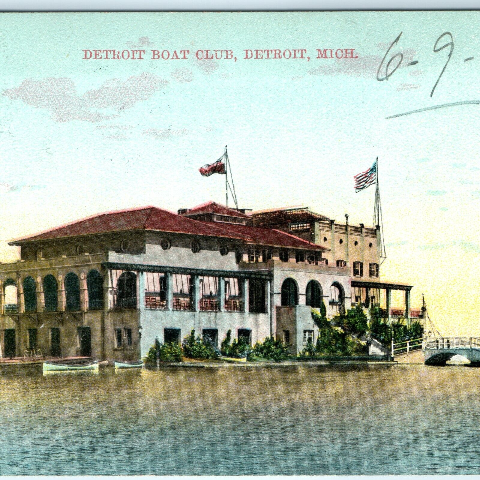 1908 Detroit, Mich. Boat Club Beautiful Litho Photo Postcard Kresge & Wilson A34