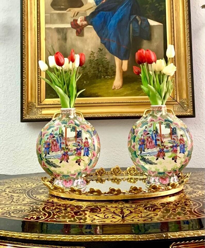 Vase Rose Medallion Design Oriental Style Pair Porcelain Vintage Decor