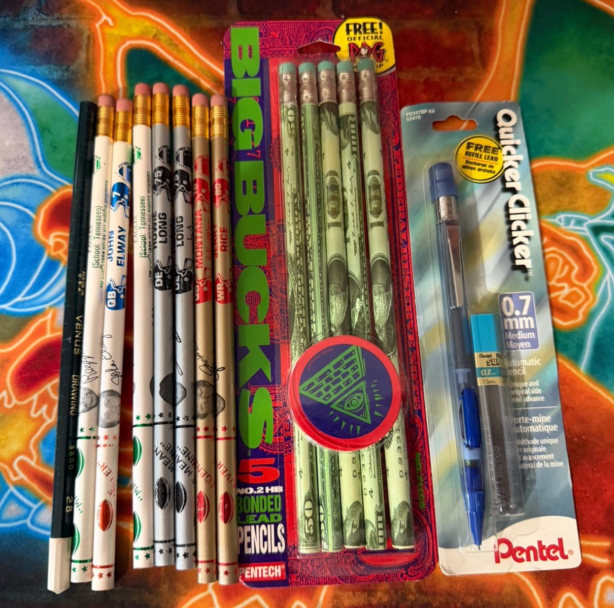 Vintage 1988 NFL Football Player Pencil Lot + Big Bucks Money Pencils Pog Opened