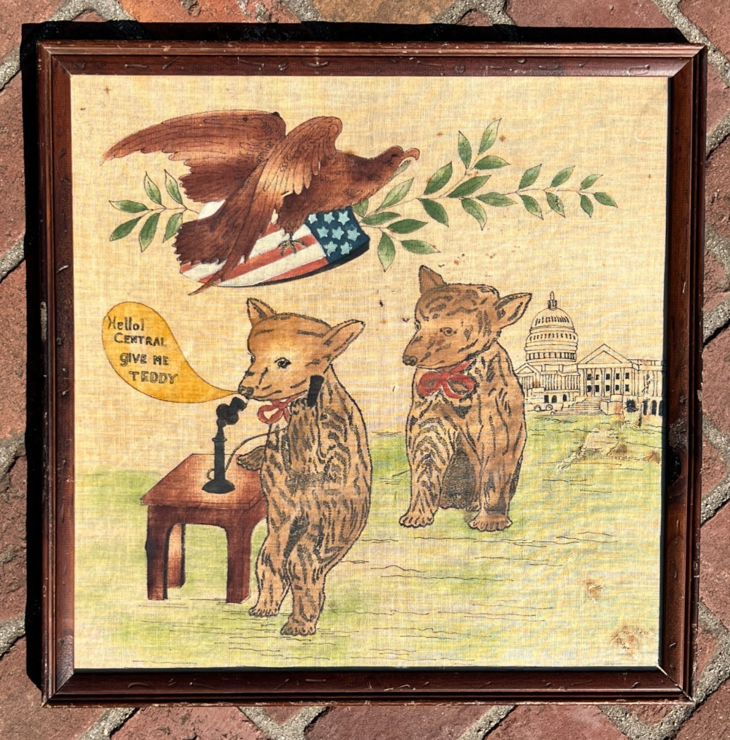 Antique Teddy Roosevelt Folk Art Sampler “Hello Central Give Me Teddy” c.1905