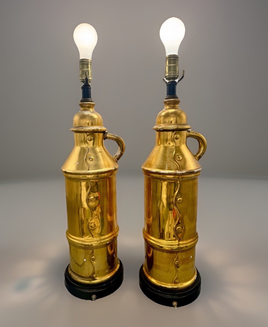 VTG MCM Shiny Gold Metallic Tea Canister Lamps Pair 1960s Hollywood Regency