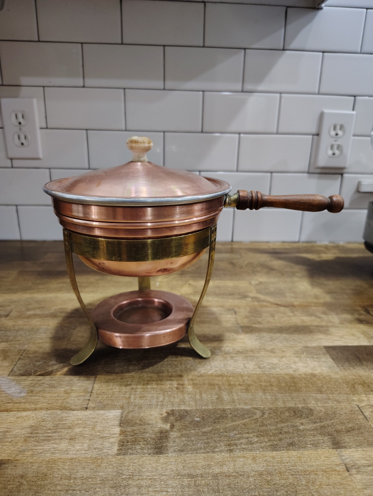Vintage Mid-Century Modern Copper Brass Fondue Set Chafing Dish