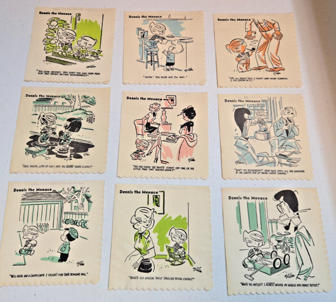 Lot of (9) Vintage 1954 Dennis the Menace Sip\'n Snack Napkins by Hank Ketchem Lot of (9) Vintage 1954 Dennis the Menace Sip\'n Snack Napkins by Hank Ketchem