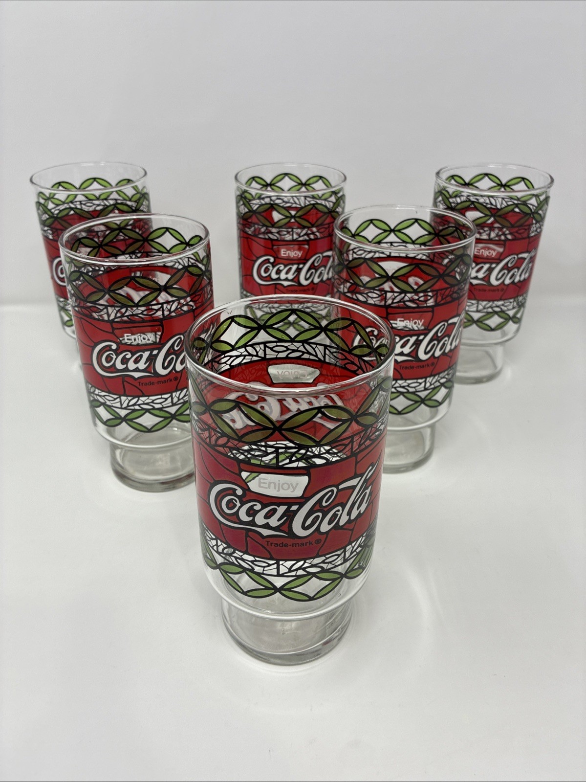Vintage 1970's Pizza Hut Coca-Cola Tiffany Style Drinking Glasses Set Of 6